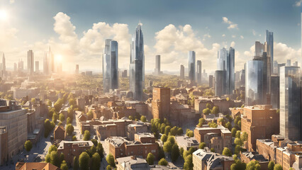 Skyline of an European city with skyscrapers, residential buildings and green areas. Climate concept