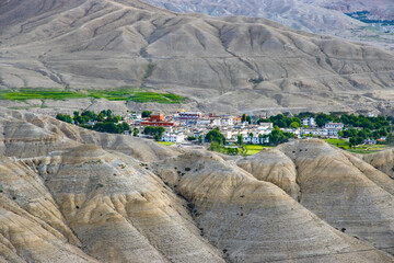 The panoramic view of Lho Manthang seen from Lo La Pass in Upper Mustang, Nepal