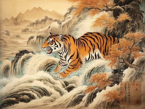 Tiger illustration paintings of unique wall art generative ai