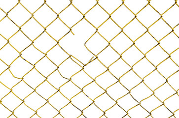 The texture of the metal mesh on a white background. Torn steel, metal mesh with holes