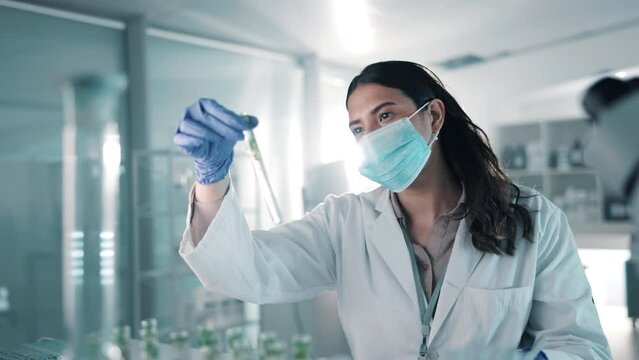 Face mask, scientist or woman with leaf test tube for research, flowers inspection or sustainability. Sample, study or engineer in science laboratory for eco plant growth info or floral agro analysis