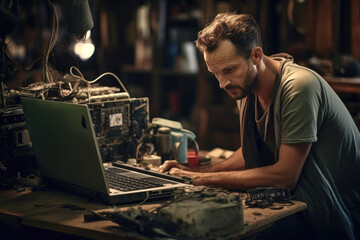 Fototapeta na wymiar Specialist repairing laptop in workshop. Generative AI