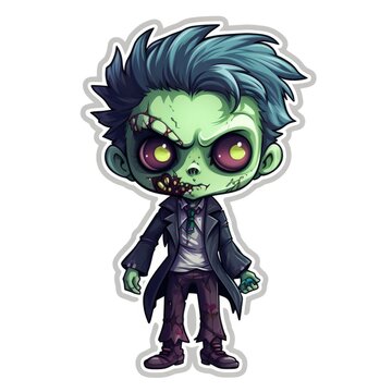 A sticker of a cartoon zombie with blue hair. Digital image.
