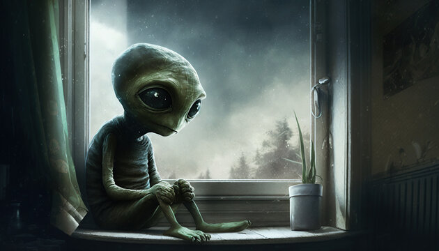 Cute and homesick Starseed Extraterrestrial Alien looking for friends.  Generative AI.
