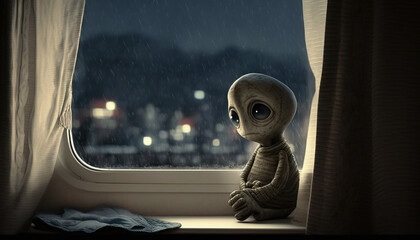 Cute and homesick Starseed Extraterrestrial Alien looking for friends.  Generative AI.