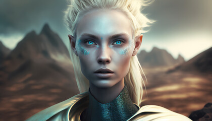 Beautiful Pleiadian, Nordic Extraterrestrial Humanoid Alien with blonde hair and blue eyes.  Made by Generative AI