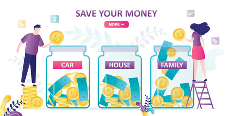 Three glass jars with gold coins and banknotes. Savings for house, family and car. Savings, family budget economy, finance. Love couple insert money in glass jars.