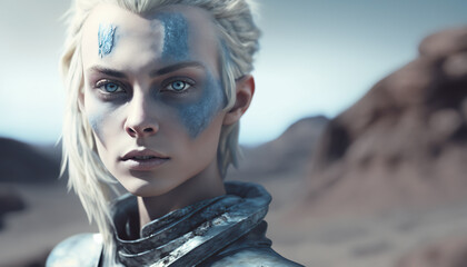 Beautiful Pleiadian, Nordic Extraterrestrial Humanoid Alien with blonde hair and blue eyes.  Made by Generative AI