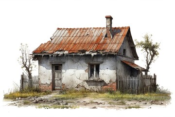 Fototapeta na wymiar Old ruined hut isolated on white background