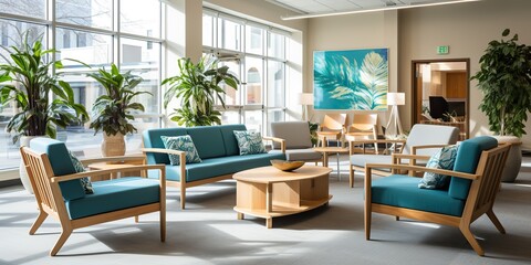 Fototapeta premium AI Generated. AI Generative. Architecture room hotel relax with comfortable sitting chairs. Graphic Art