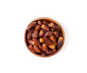 Wooden bowl with dried dates isolated on a white background. Dates closeup. Top view, flat lay.