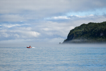 Rescue boat in the picturesque Bic Park (Parc national du Bic). Parc national du Bic is located in...