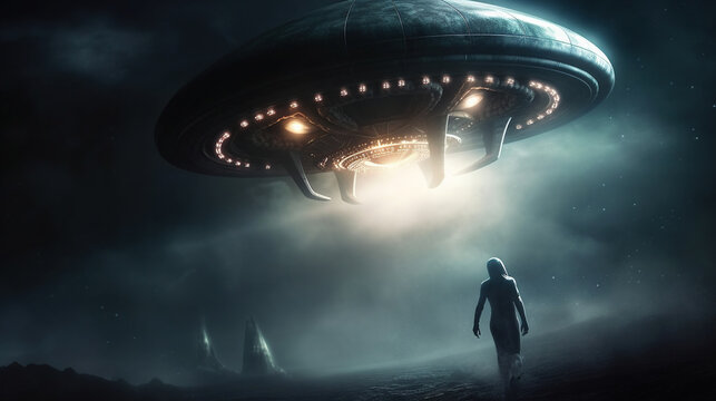UFO flying saucer flies over people and highways.  Invasion of extraterrestrial intelligence on an intergalactic ship. Alien abduction. Created with Generative AI.