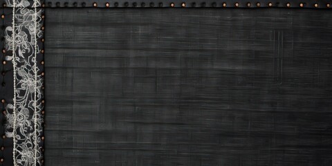 Black denim background with lace borders and small leather label. Dark grey denim jeans fabric texture and vintage lace tape. Copy space for text