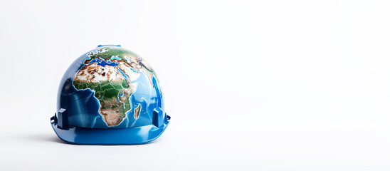 World labor day. Planet Earth helmet as symbol of safety and health at work place. - obrazy, fototapety, plakaty