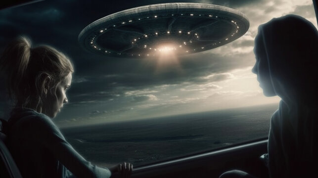UFO flying saucer flies over people and highways.  Invasion of extraterrestrial intelligence on an intergalactic ship. Alien abduction. Created with Generative AI.