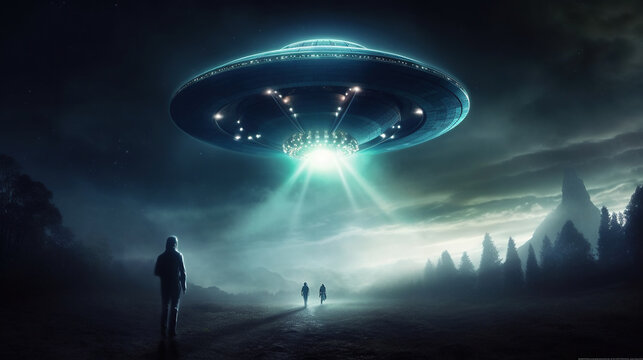 UFO flying saucer flies over people and highways.  Invasion of extraterrestrial intelligence on an intergalactic ship. Alien abduction. Created with Generative AI.