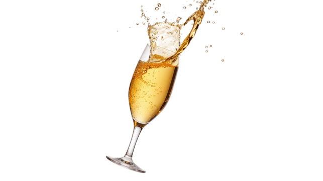 A glass of white wine or champagne toasting on white background