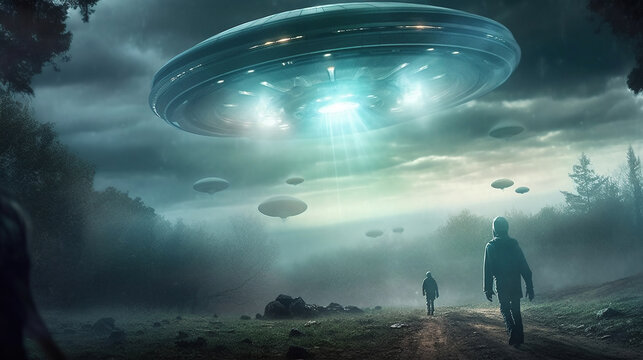 UFO flying saucer flies over people and highways.  Invasion of extraterrestrial intelligence on an intergalactic ship. Alien abduction. Created with Generative AI.