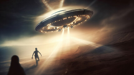 Flying saucer flies over people and roads. Invasion of extraterrestrial intelligence on an intergalactic ship. Alien abduction. Created with Generative AI.