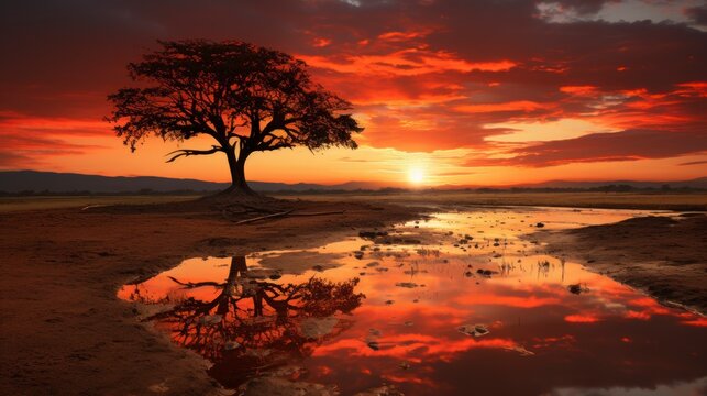  African sunset with silhouette of trees