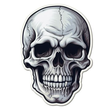 A sticker of a skull on a white background. Digital image.