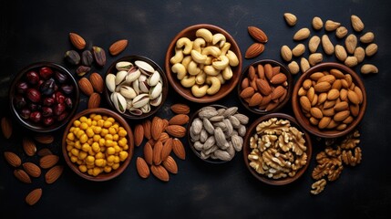 Mix of nuts in bowls on dark background. Top view. Healthy food concept.