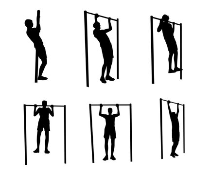 Vector illustration. A guy pull ups up on a horizontal bar. Sports and recreational topics.  Set of 4 isolated black silhouettes. Graphic design elements for banner, ad, social media, book cover3