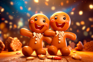 Cheerful Gingerbread Guys. Generative AI. Couple of Gingerbread People. Template for website, blog, advertising, event. Christmas Party Ideas and Themes