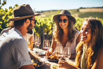 Group of happy friends tasting wine in a vineyard.