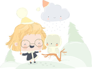 Cute Girl standing with Snowy Owl. Vector Illustration