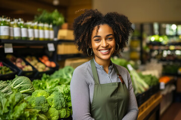 Joyful african american seller woman working in vegetable shop. - Powered by Adobe