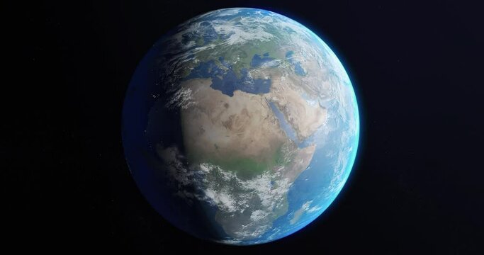 Planet Earth, zoom out. Receding earth globe in space with stars and constellations in background