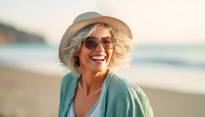 A recently retired single lady, self-assured and independent, radiates happiness while delighting in her vacation on a beach during one of her trips