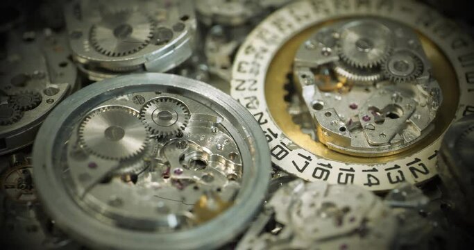 Retro style of old mechanical watches with gears and cogs. Watch or clock mechanisms, close-up. Clockwork details and parts, macro shots. Time or repair concept