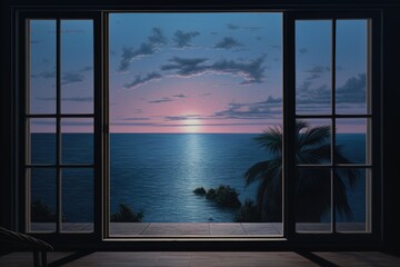 A painting of a view of the ocean from a window. Digital image.