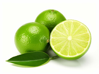 Lime fruit with leaves isolated on white background.Food and drink, healthy nutrition concept.