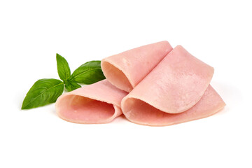 Thinly Sliced Ham, boiled sausage, isolated on white background.
