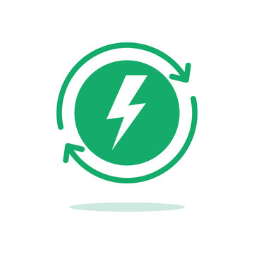 green save energy round icon with lightning. concept of abstract electricity supply banner or utilities bill pictogram. simple trend modern efficiency logotype graphic design element isolated on white