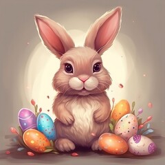 Cute little easter bunny with easter eggs generative ai
