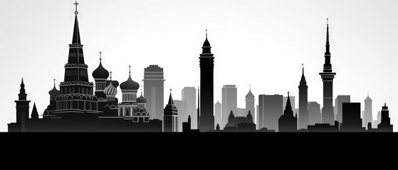 Russia Landmarks Skyline Silhouette Style, Colorful, Cityscape, Travel and Tourist Attraction - Generative AI