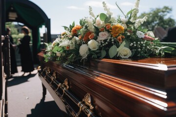 Solemn farewell, funeral, the coffin is decorated with flowers full of sorrow, a piercing tribute to the deceased in a gloomy atmosphere.