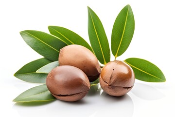 Argan nuts with leaves on a white background.
