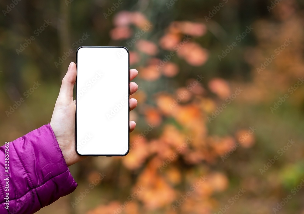 Poster Mobile phone screen mock up in hand. Banner background with copy space for text
