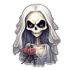 A woman in a wedding dress, skeleton bride with a rose. Digital image.