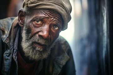 An older homeless black male living on the streets. (AR 3:2) - obrazy, fototapety, plakaty
