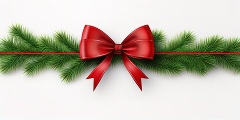 Fototapeta na wymiar Red Christmas Ribbon Blank Banner Pine Needles Garland White Background
