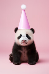 Cute baby panda with party hat. Birthday, party minimal concept.