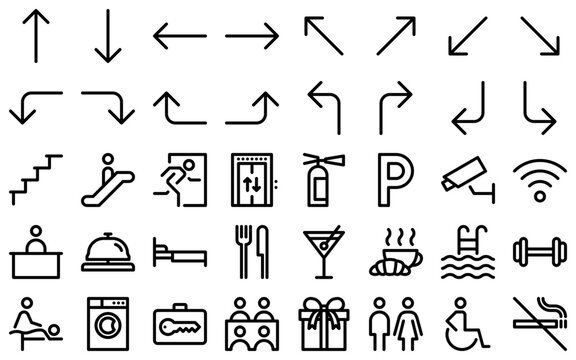 Hotel wayfinding line icon set. Reception desk, bell, restaurant, bar, cafe, swimming pool, gym, spa, laundry, luggage storage, wi-fi, meeting room outline symbols. Editable stroke. Vector graphics
