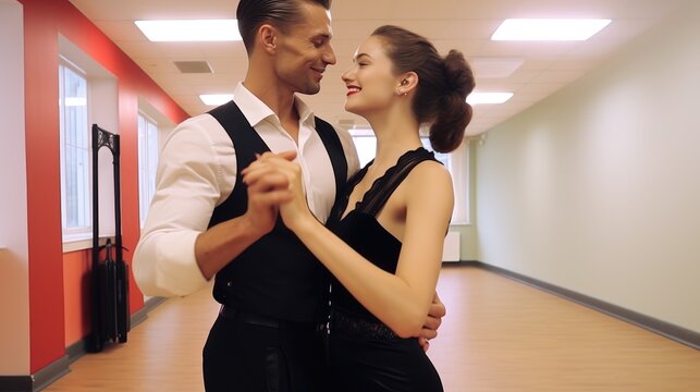 Dance teacher teaches couple how to dance tango in dance studio. Generative AI